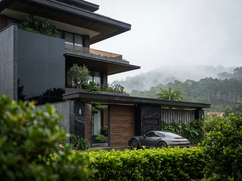 Biệt thự trong sương núi nhìn từ hàng rào cây