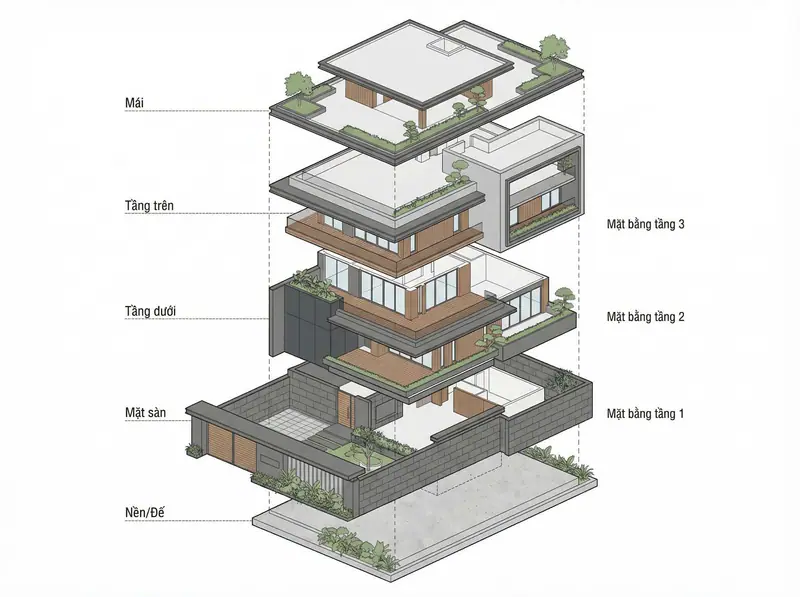 Sơ đồ phân tầng công năng của biệt thự