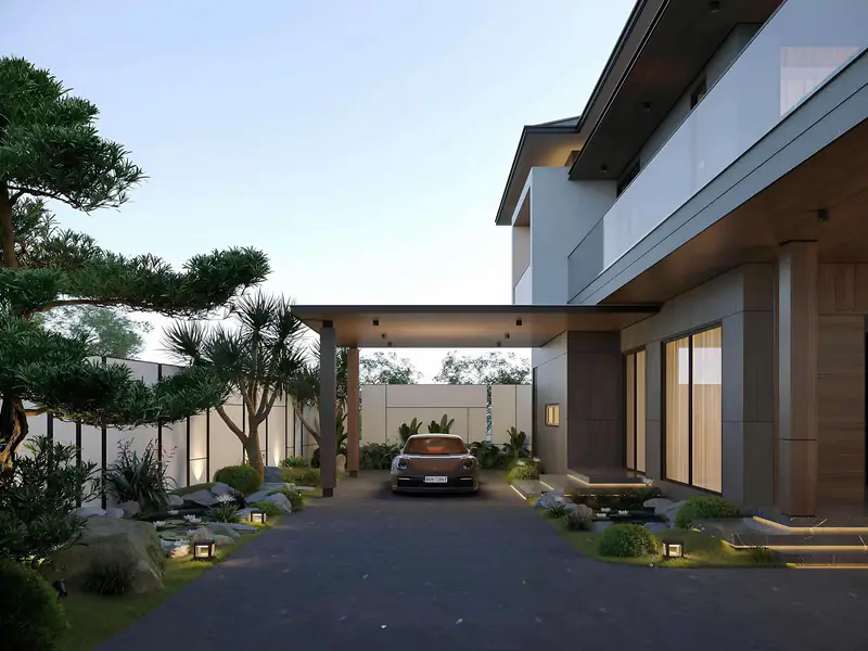 Sân trước với cây tùng bonsai