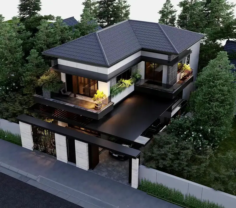 Toàn cảnh biệt thự về đêm nhìn từ trên cao