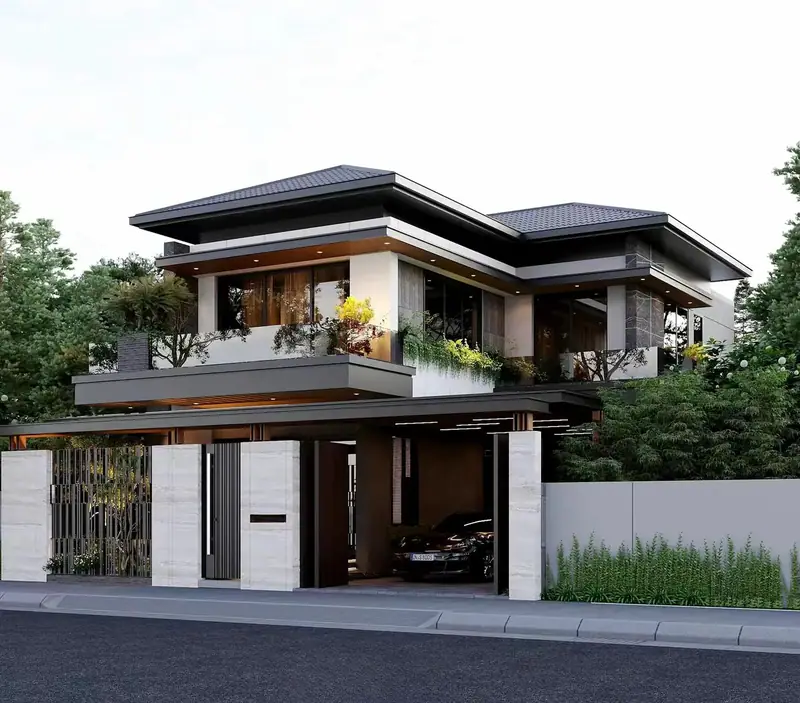 Biệt thự hai tầng mái Nhật với cổng trụ trắng và nhà để xe