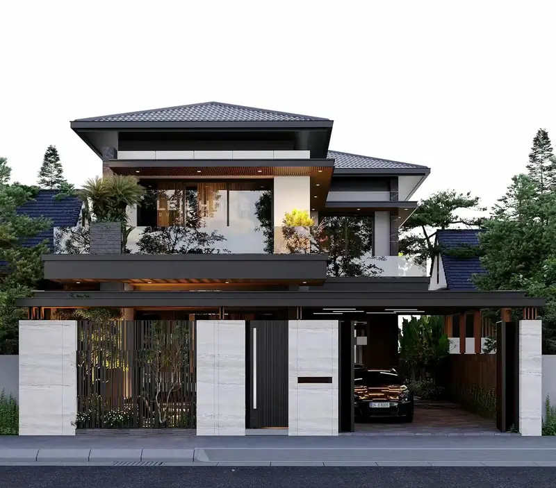Mặt tiền mái ngói xám, ban công hoa và cây tùng