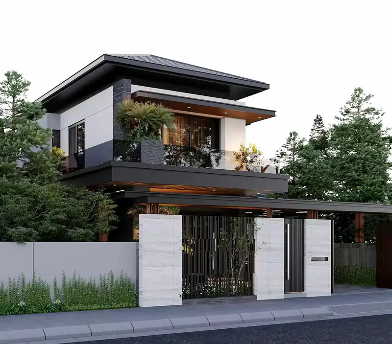 Góc nhìn chéo mặt tiền với hàng rào trắng và lam gỗ