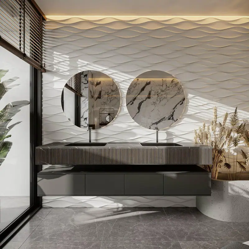 Lavabo đôi gương tròn trên tường ốp sóng trắng