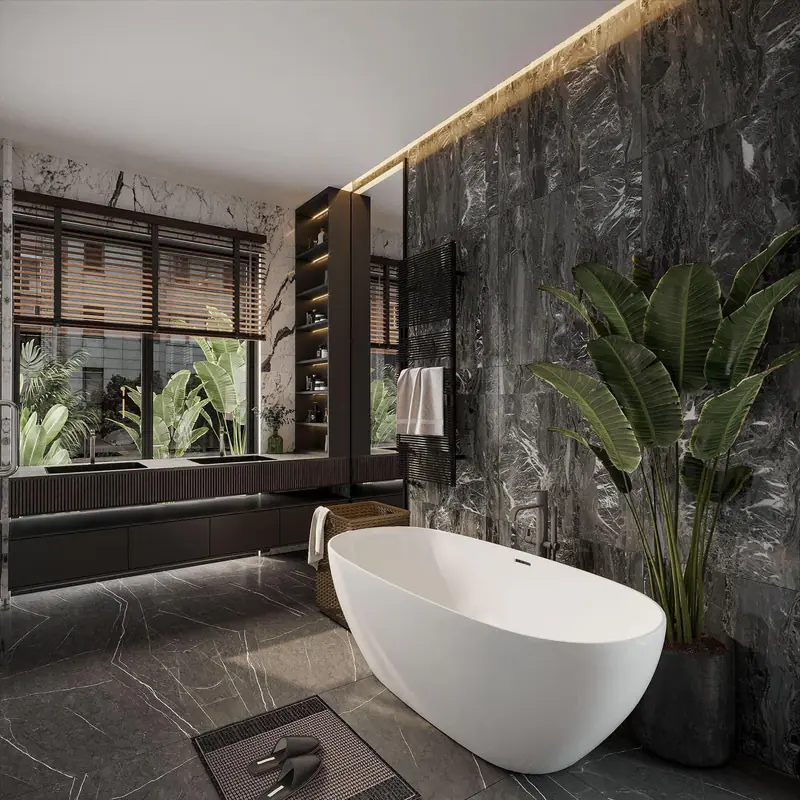 Phòng tắm đá tối với bồn tắm đứng