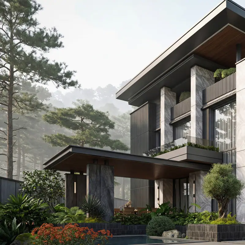Phối cảnh mặt tiền giữa rừng thông
