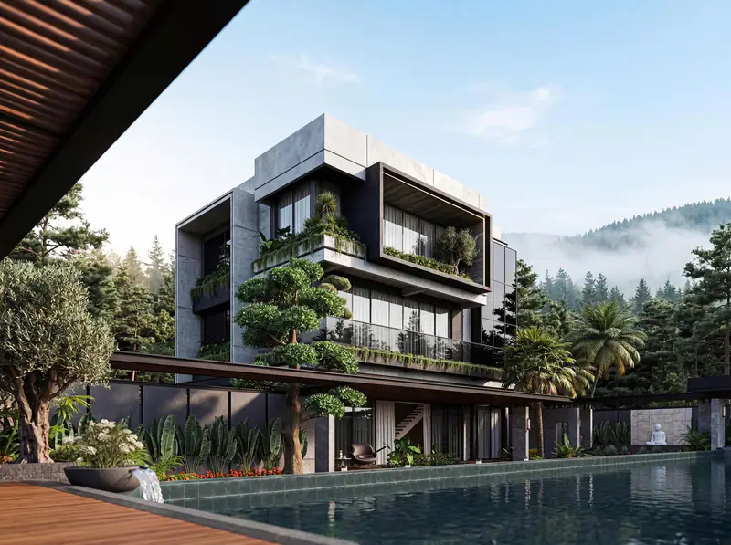 Khối nhà giật cấp giữa núi đồi và sương sớm