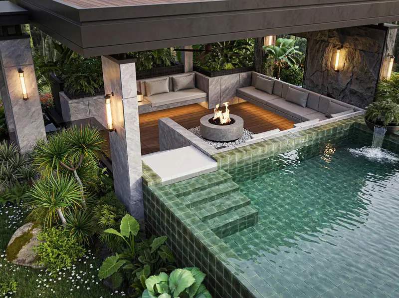 Ghế sofa âm sàn cạnh hồ bơi xanh ngọc