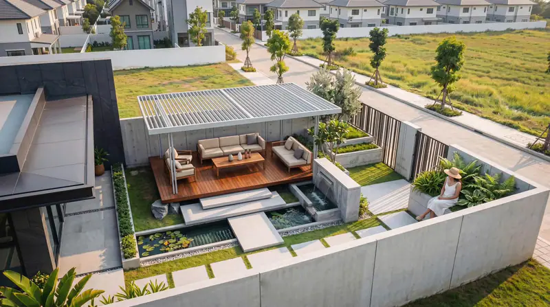 Sân trong nhìn từ trên cao với chòi nghỉ gỗ và hồ nước