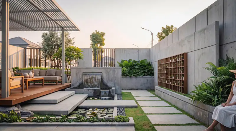 Lối đá bước qua hồ cá dẫn tới chòi nghỉ