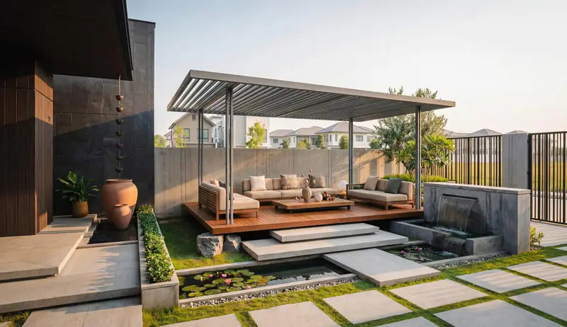 Chòi nghỉ lam nhôm với sofa ngoài trời bên hồ