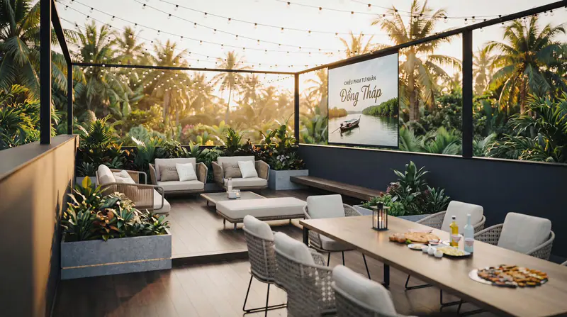 Sân thượng có dây đèn, sofa và bàn ăn ngoài trời