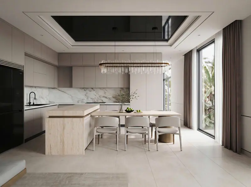 Bếp đảo gỗ sáng và bàn ăn dưới đèn thả pha lê