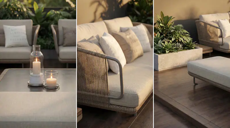 Chi tiết sofa mây và đôn ngoài trời