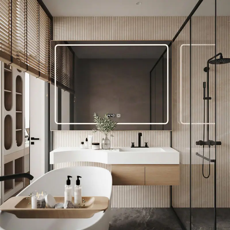 Phòng tắm với gương đèn LED và vách kính tắm đứng