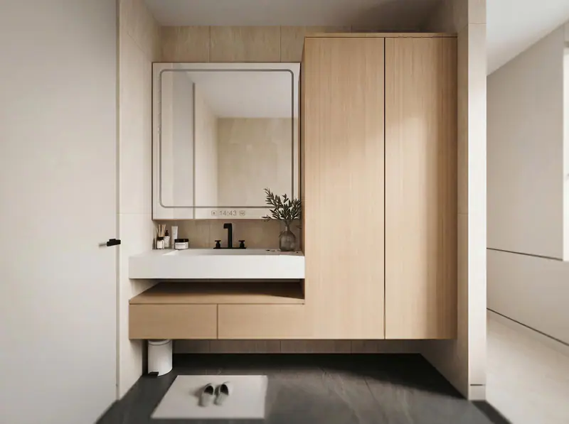 Lavabo treo và tủ gỗ sồi âm tường