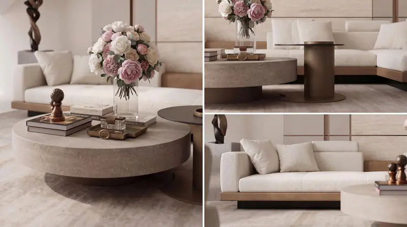 Bàn trà tròn và sofa trắng phòng sinh hoạt