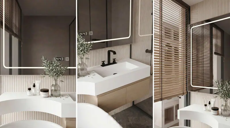 Chi tiết lavabo đá trắng và gương bo tròn