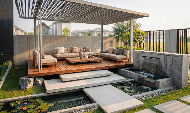 Sân vườn với pergola và sàn gỗ