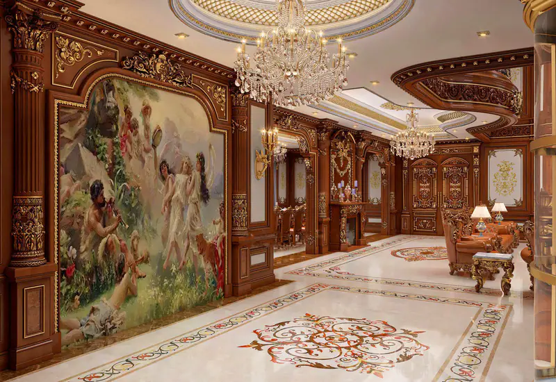 Sảnh lát đá hoa văn với tranh sơn dầu khổ lớn