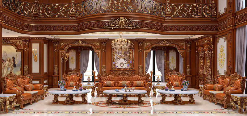 Phòng khách dài với bộ sofa gỗ chạm và bàn đá