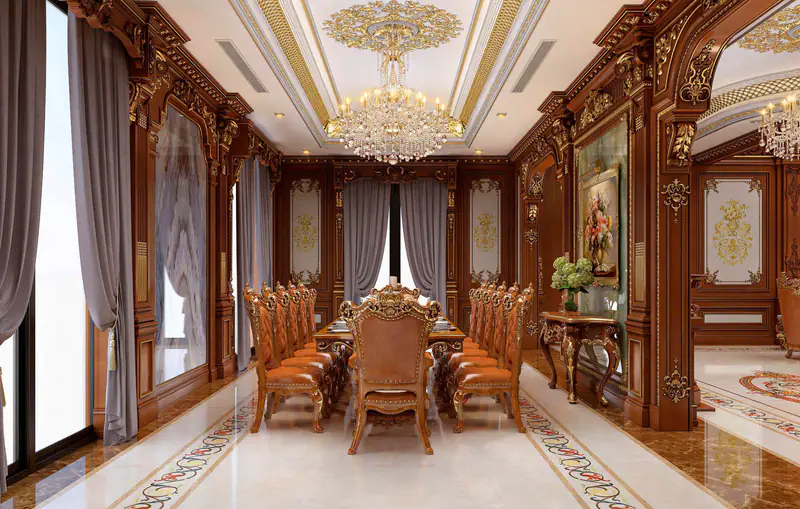 Phòng ăn bàn dài ghế gỗ chạm dưới đèn chùm