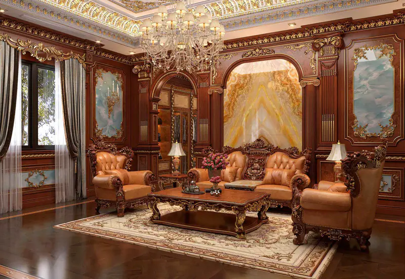 Phòng sinh hoạt bộ sofa da và đá vân vàng