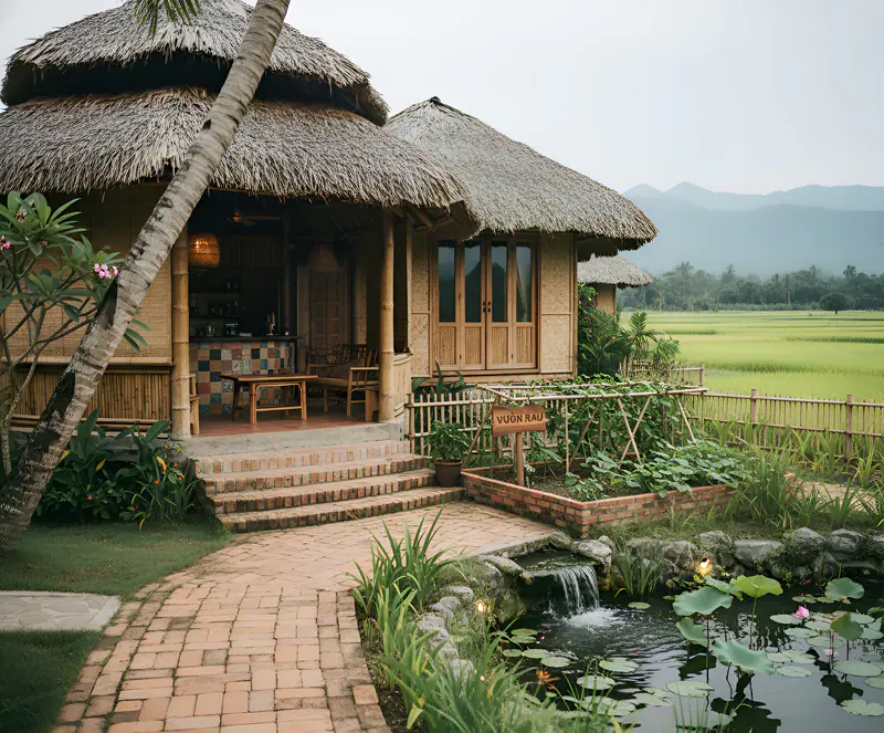 Bungalow mái tranh với hiên gỗ và hồ sen