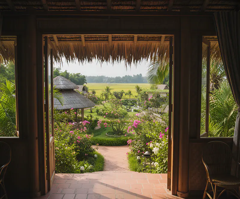 Nhìn ra vườn hoa từ cửa bungalow