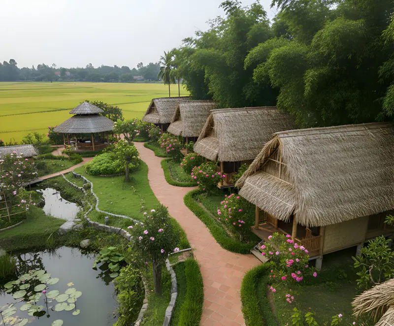 Lối gạch đỏ uốn quanh dãy bungalow và hồ sen