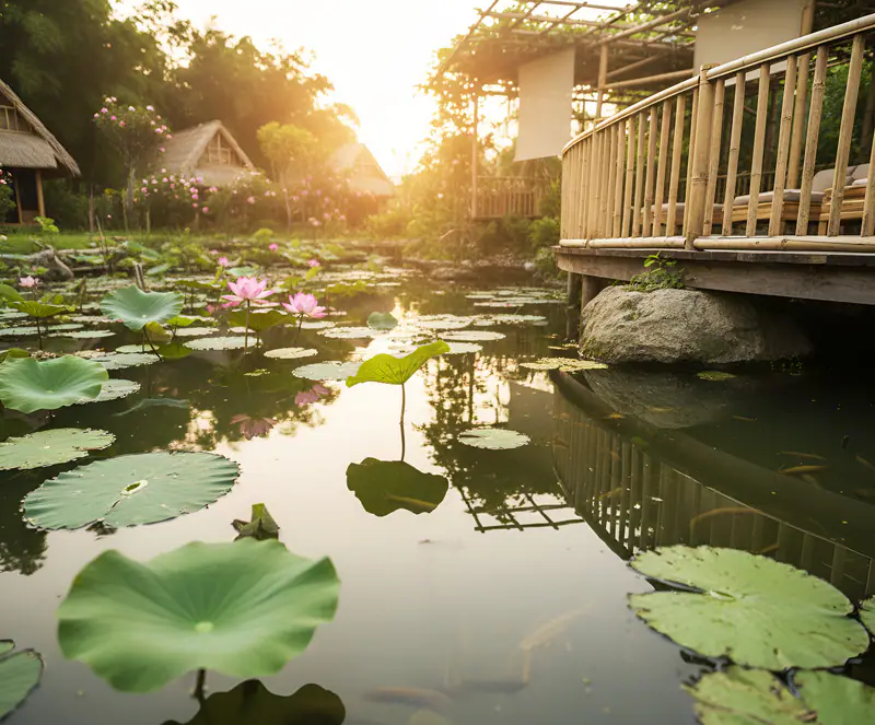 Hồ sen bên nhà sàn gỗ