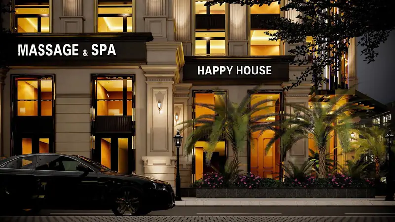 Tầng trệt với spa và sảnh cây cọ