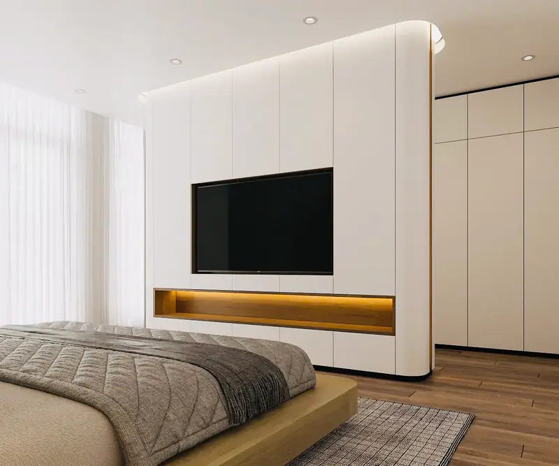 Vách tivi trắng với hộc đèn vàng dưới chân