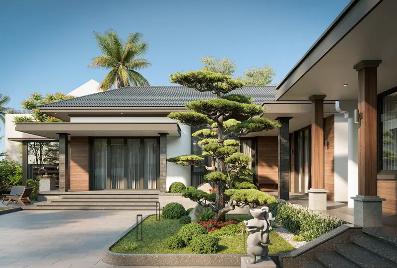 Nhà vườn với tùng bonsai trước hiên – Nhà vườn Bonsai