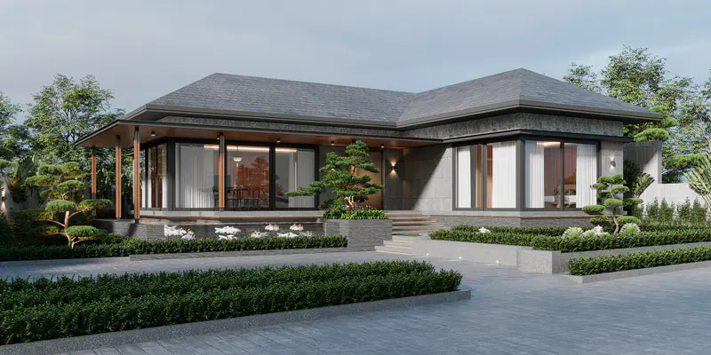 Mặt tiền với hiên gỗ và vườn