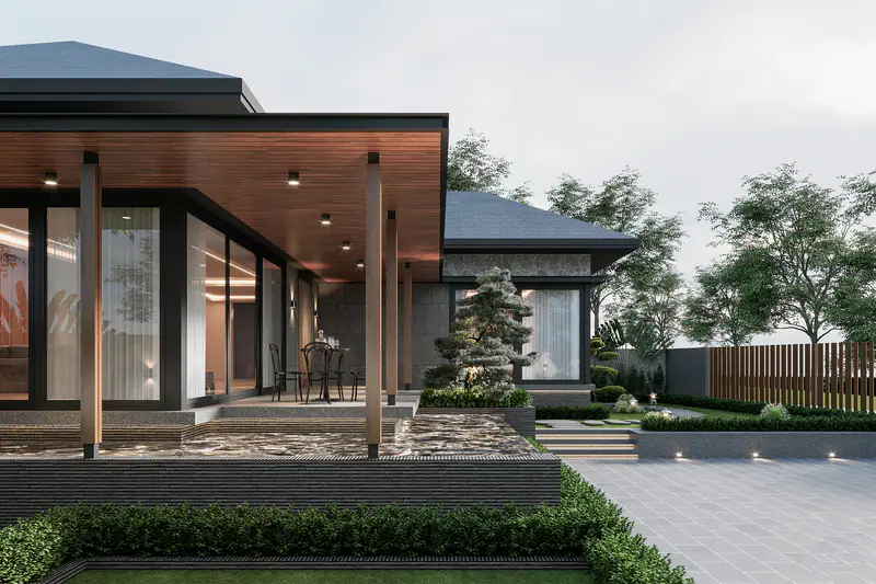 Hiên gỗ và cột gỗ ấm