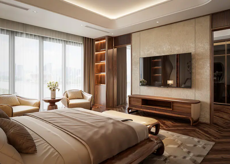 Phòng ngủ nhìn ra cửa kính lớn