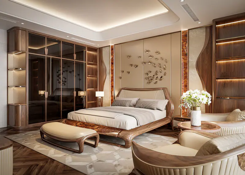 Phòng ngủ với tủ áo kính và ghế thư giãn