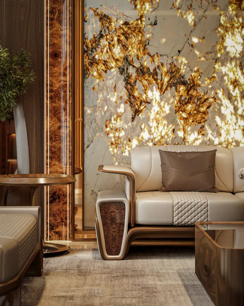 Sofa da kem trước tranh lá vàng