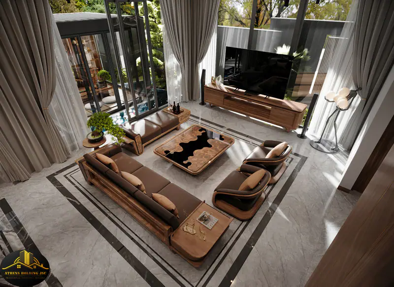 Phòng khách sofa gỗ óc chó nhìn từ trên cao