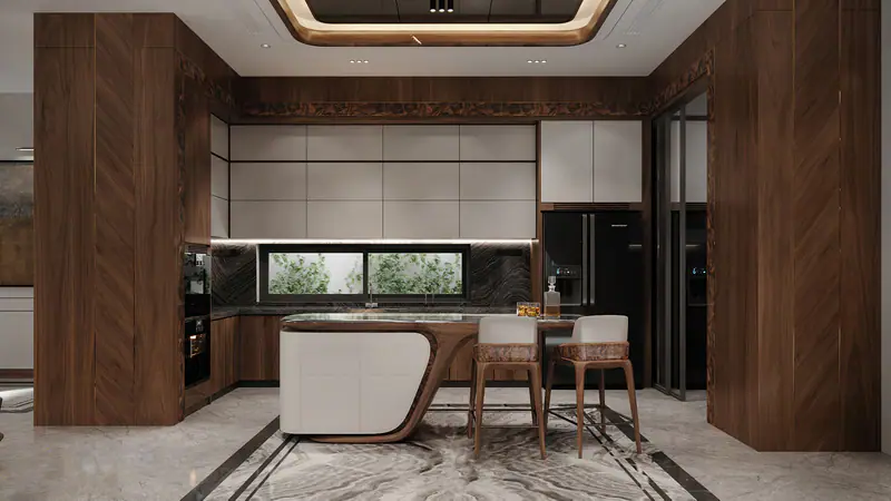 Bếp chữ U gỗ óc chó và quầy ăn nhanh