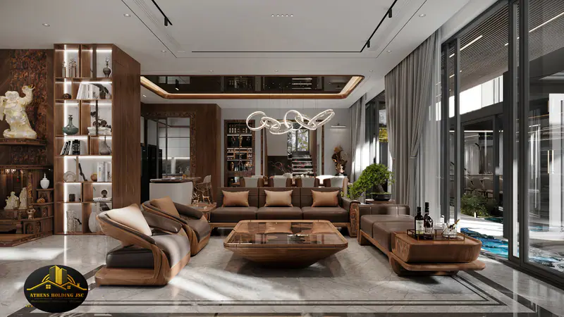 Phòng khách với sofa gỗ