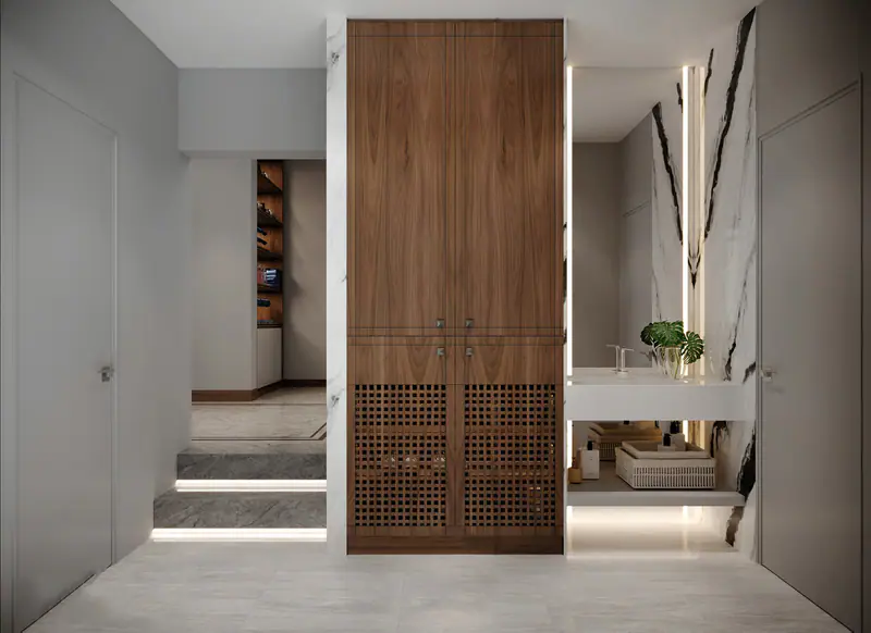 Vách gỗ ngăn lavabo và lối vào phòng ngủ
