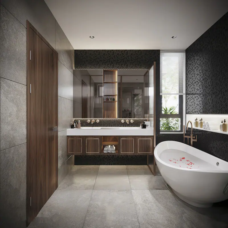 Phòng tắm bồn đứng và lavabo tủ gỗ