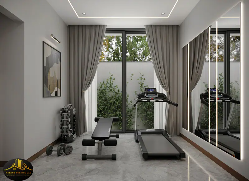 Phòng tập gym nhìn ra khe sân cây xanh