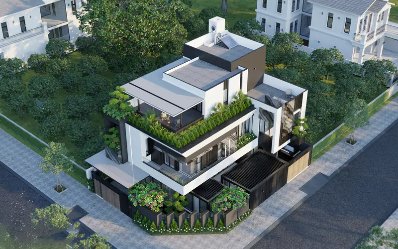 Toàn cảnh căn nhà và sân vườn nhìn từ trên cao