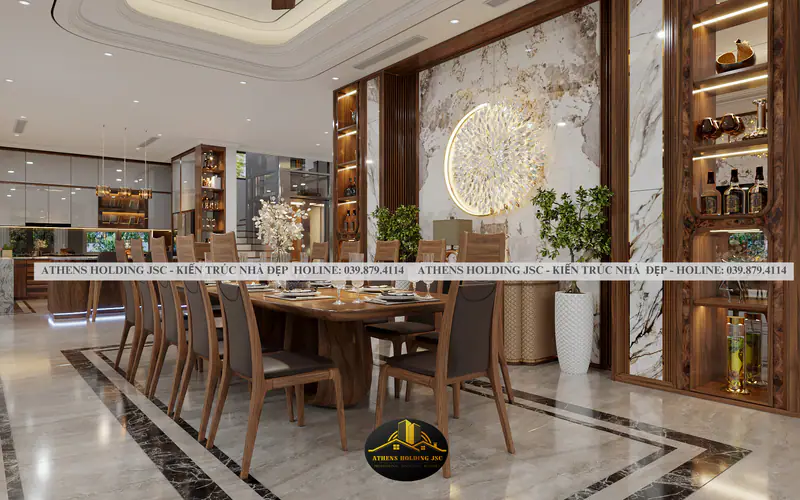 Bàn ăn gỗ tám ghế trước vách đá trang trí