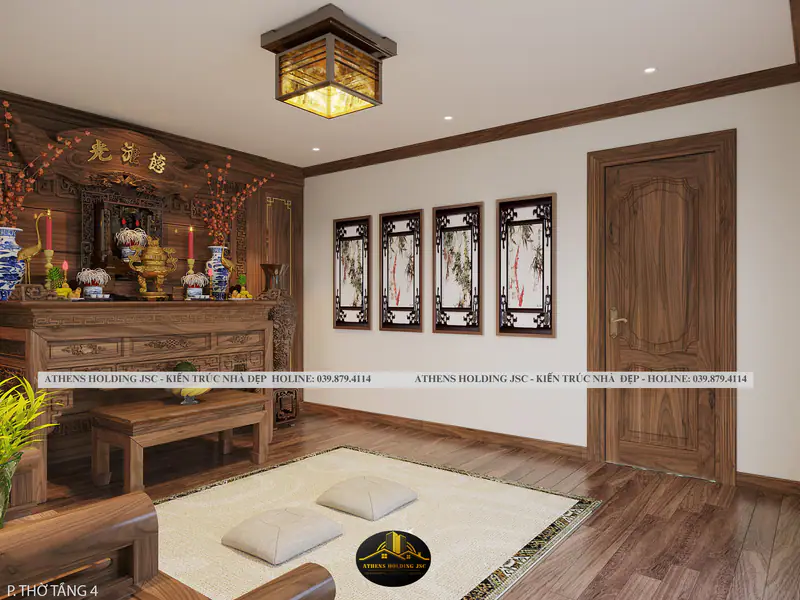 Bàn thờ gỗ chạm khắc và tranh tứ bình
