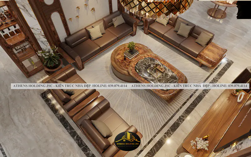 Phòng khách bộ sofa gỗ tự nhiên nhìn từ trên cao
