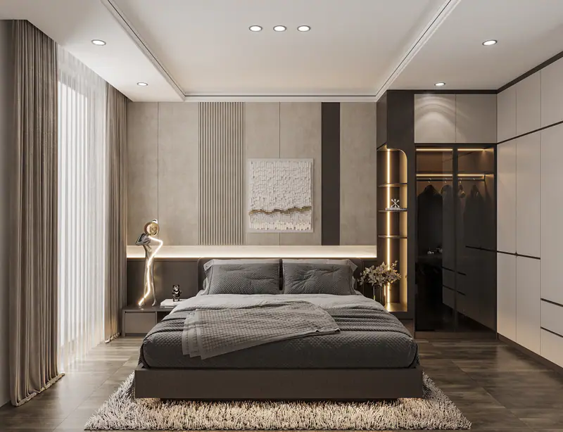 Phòng ngủ tông xám với tủ áo kính
